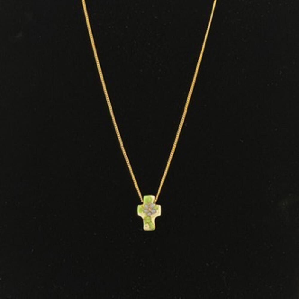Signed CROSS Golden and Enamel Green Floral Cloisonne Cross Pendant Necklace